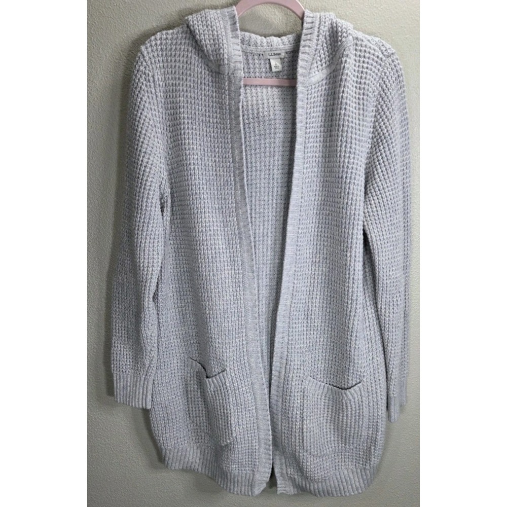 L.L.Bean Hooded Waffle Knit‎ Cardigan Gray Merino Wool Blend Large